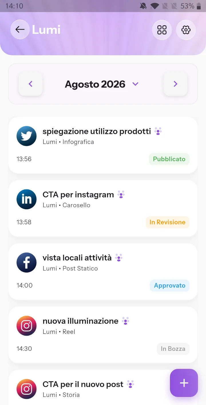 Il piano di agosto del cliente Lumi: i suoi post con piattaforma, tipo di contenuto, orario e stato.