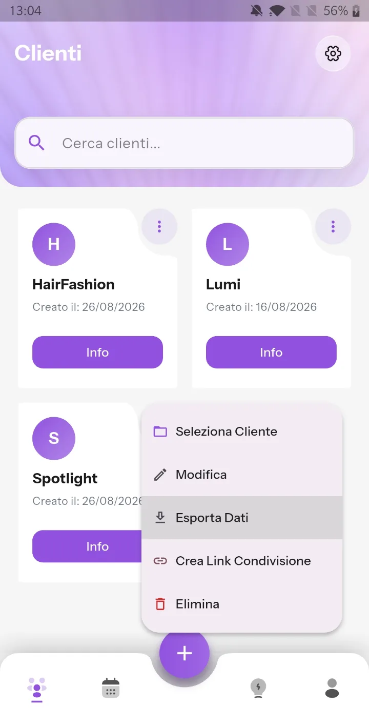 L’elenco dei clienti con il menu di un cliente aperto: seleziona, modifica, esporta dati, crea link di condivisione.