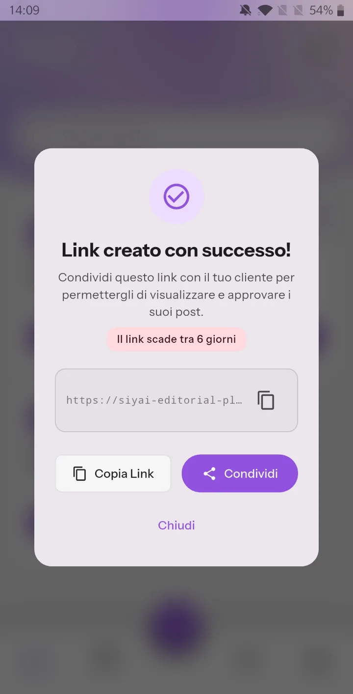 Nell’app: il link per il cliente è stato creato e scade tra 6 giorni.