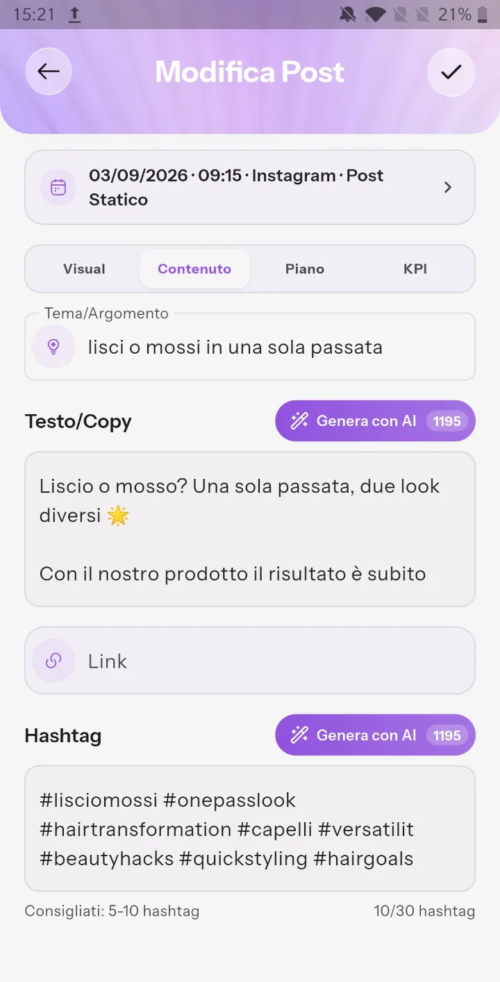 La scheda Contenuto di un post: argomento, testo e hashtag generati con l’AI.