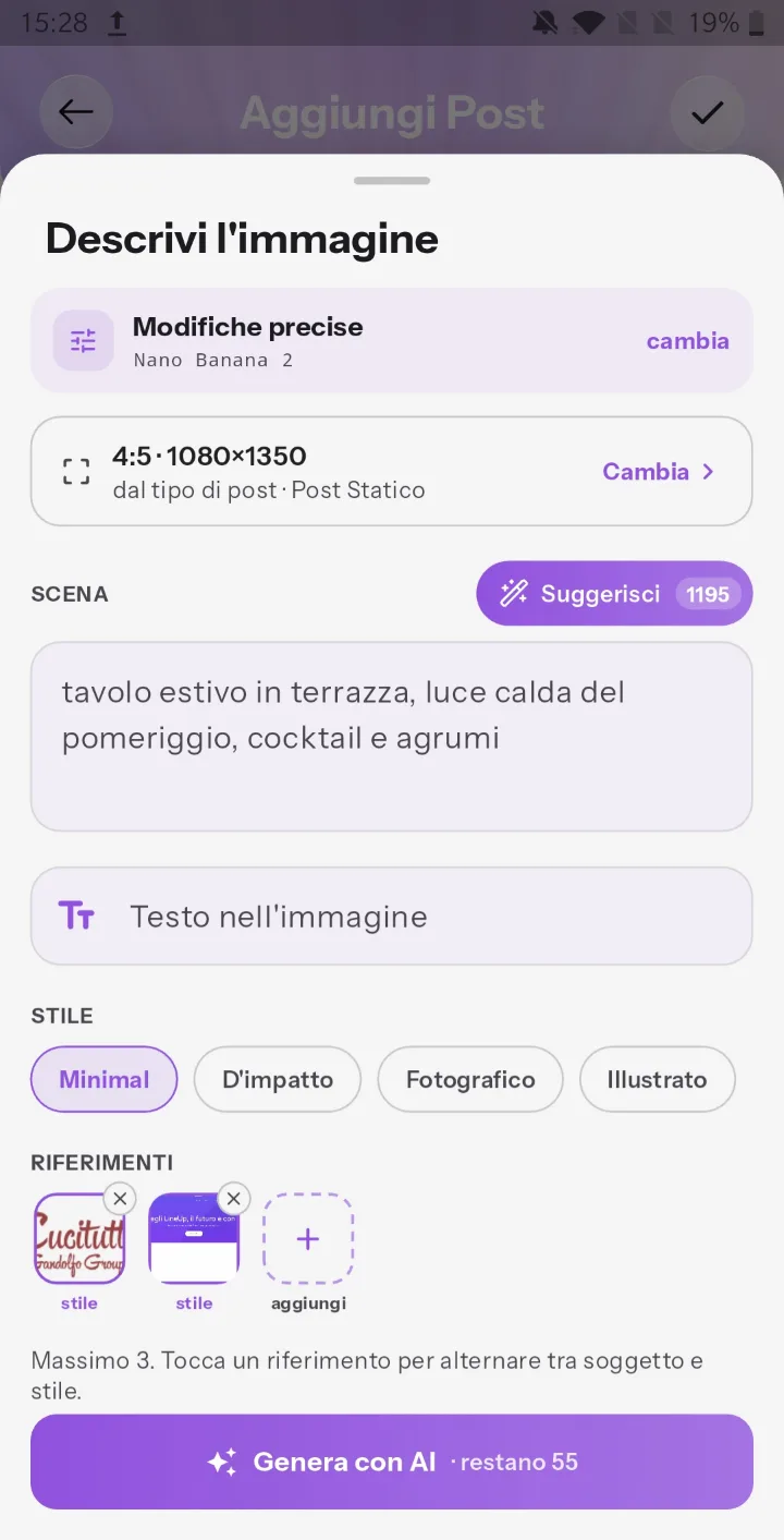 Il pannello Descrivi l’immagine: modello, formato, scena, testo nell’immagine, stile e riferimenti.
