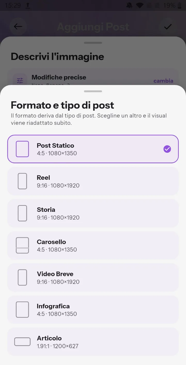 Formato e tipo di post: post statico 4:5, Reel, storia e video breve 9:16, carosello e infografica 4:5, articolo 1.91:1.