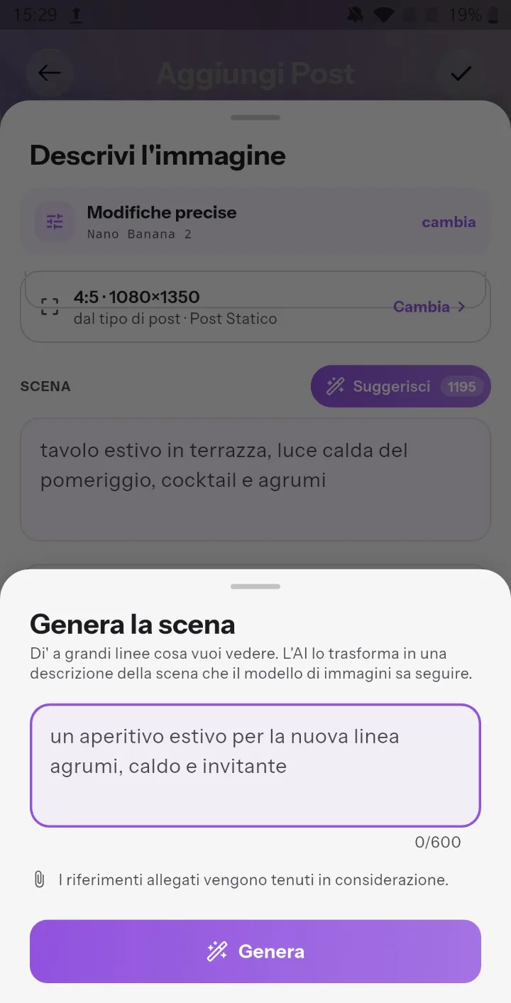Il pannello Genera la scena: una frase semplice che l’AI trasforma in una descrizione per il modello di immagini.